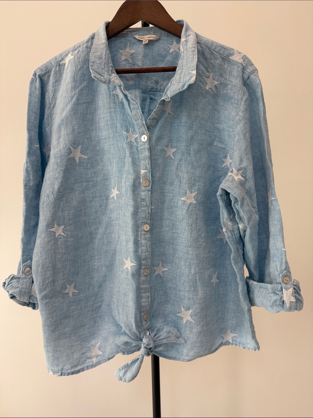 John Mark Embroidered Star Linen Tie-Front Top Size 2X